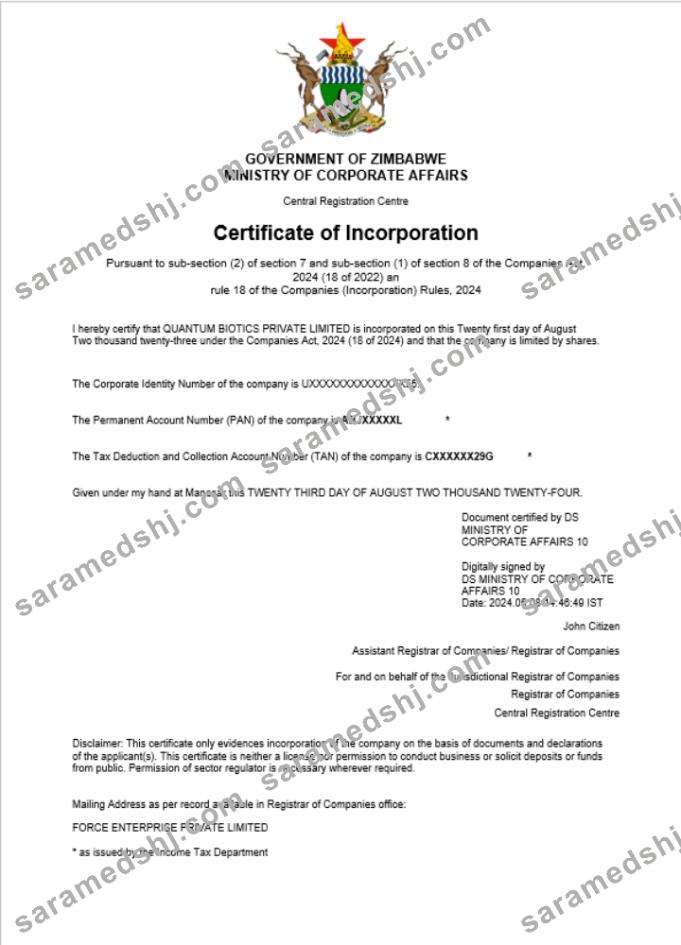 Zimbabwe business registration certificate Word and PDF template